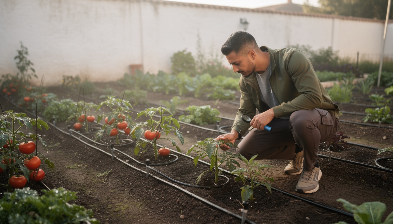 Sistema de riego por goteo en huerto de vegetales con plantas verdes