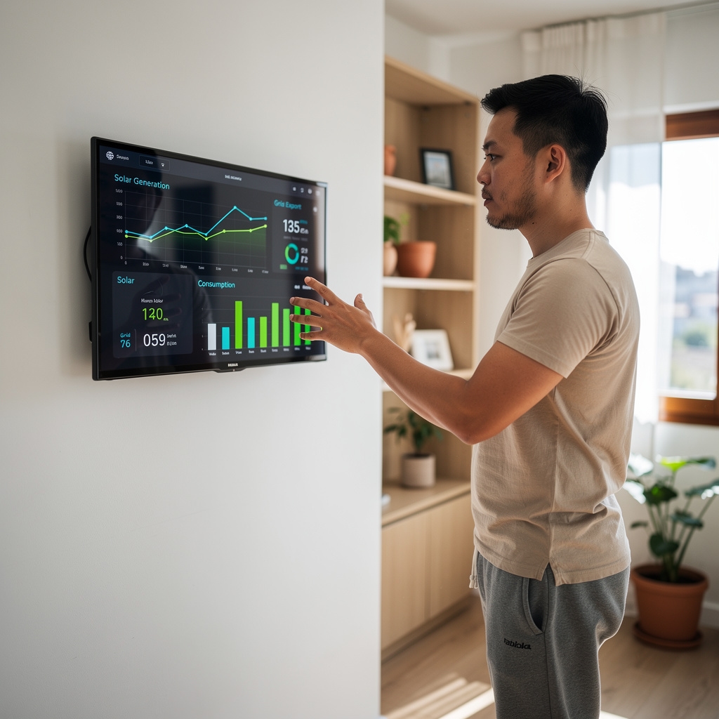Pantalla de monitor de energía doméstico mostrando consumo solar en tiempo real