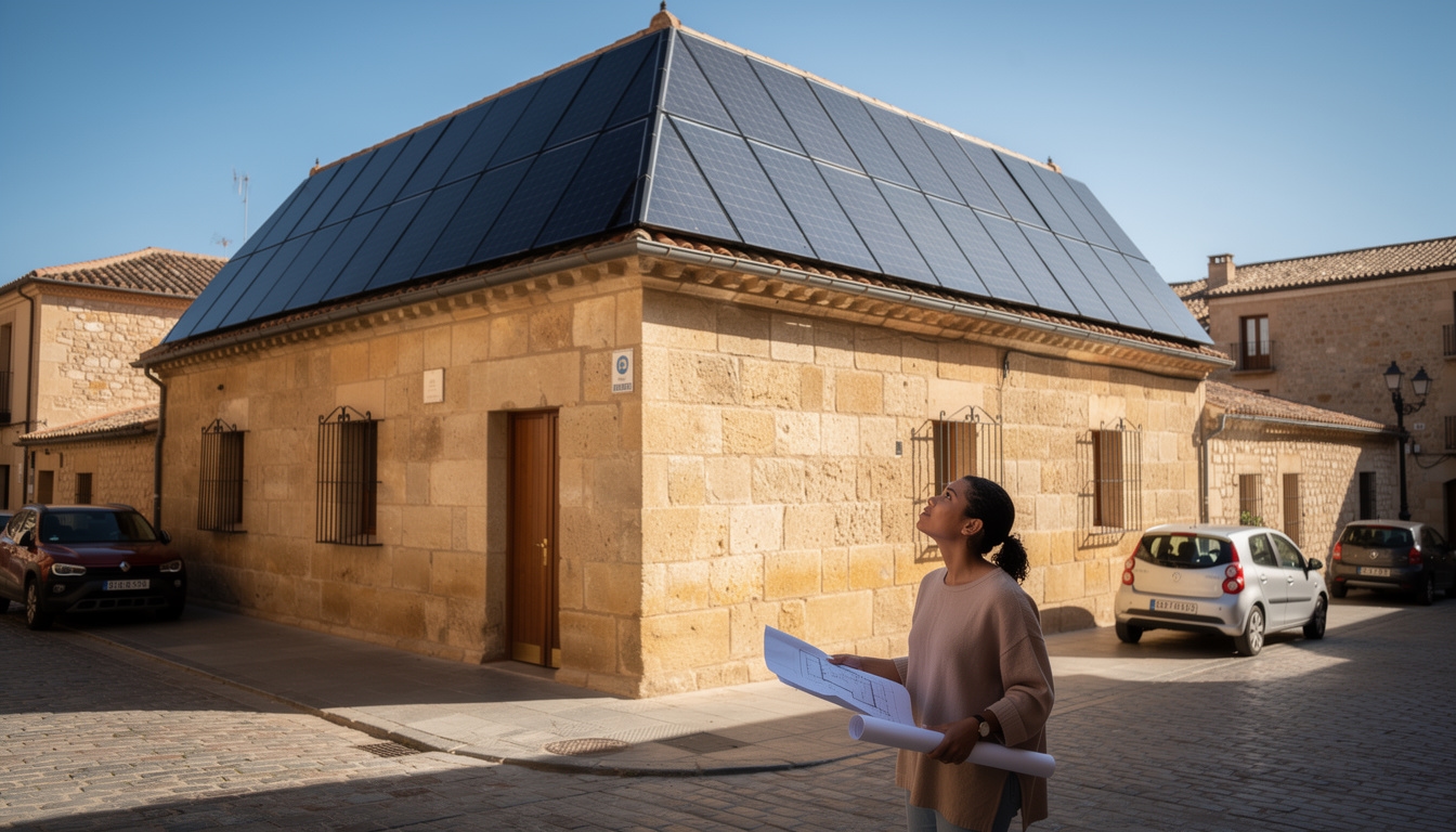 Instalación solar en tejado de pequeño negocio con paneles fotovoltaicos