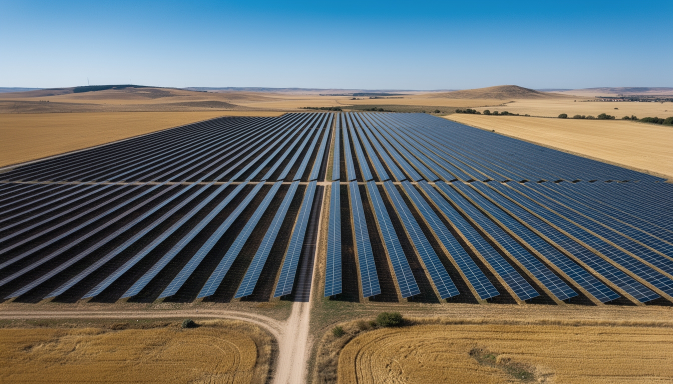 Vista aérea de parque solar con hileras de paneles fotovoltaicos en campo abierto