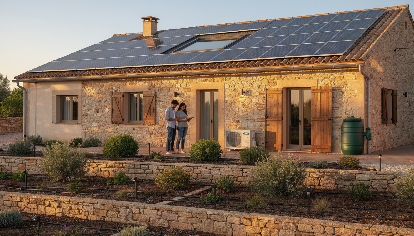 Vista general de vivienda sostenible con paneles solares, jardín y sistema de recogida de agua